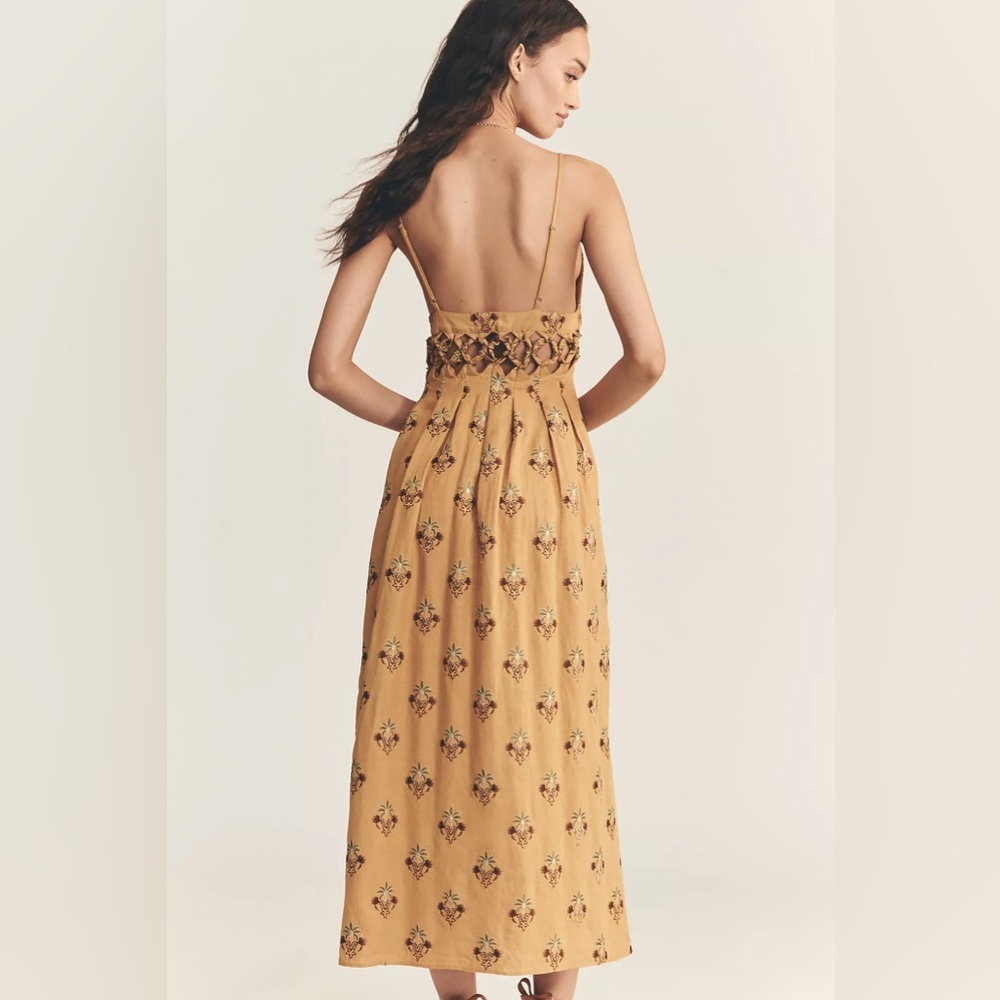 Farm Rio Sand Linen Blend V-Neck Cutout A-Line Midi Dress L NWT Anthropologie - Picture 2 of 7